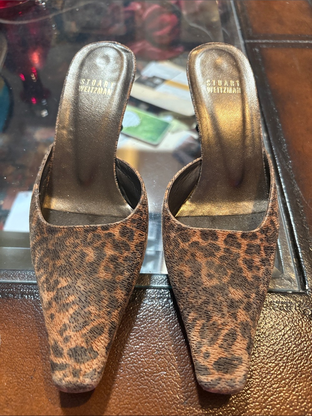 Stuart Weitzman Leopard-Print Pointed Mule Heels - Tan & Black